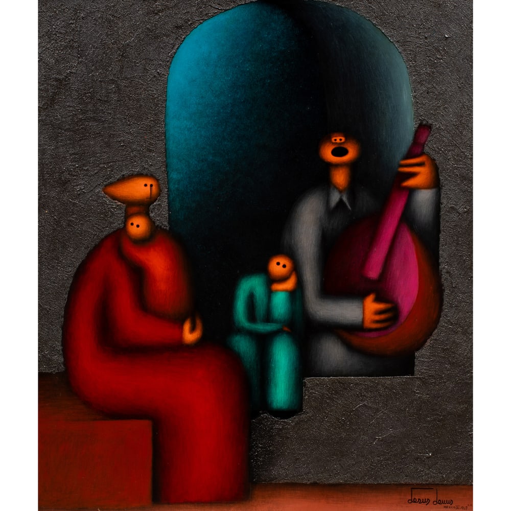 Painting, Jesus Mariano Leuus: Jesus Mariano Leuus (Mexican, b. 1948), "The Family," 1969, oil on board, signed and dated lower right, sight: 27"h x 23"w, overall (with frame): 33"h x 29"w