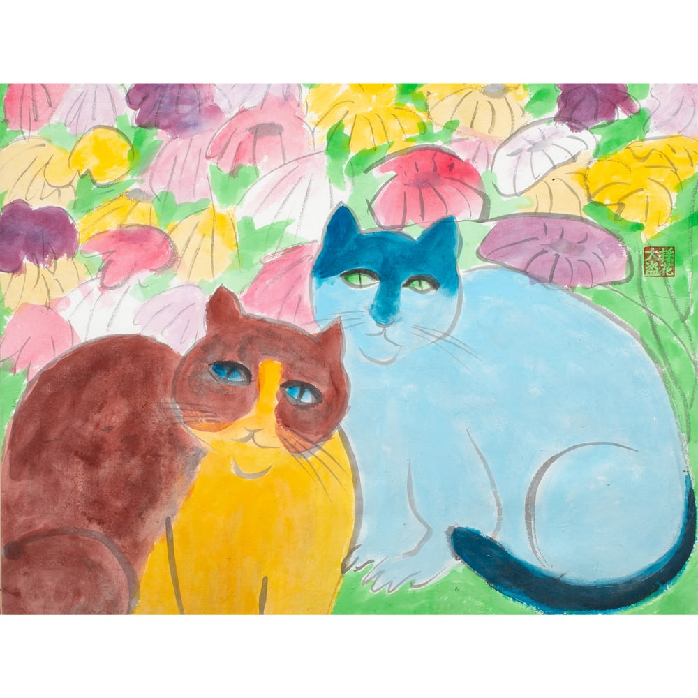 Watercolor, Walasse Ting: Walasse Ting (Chinese/American, 1929-2010), Cats and Flowers, watercolor, chop mark center right, sight: 20.5"h x 26.5"w, overall (with frame): 27"h x 35"w