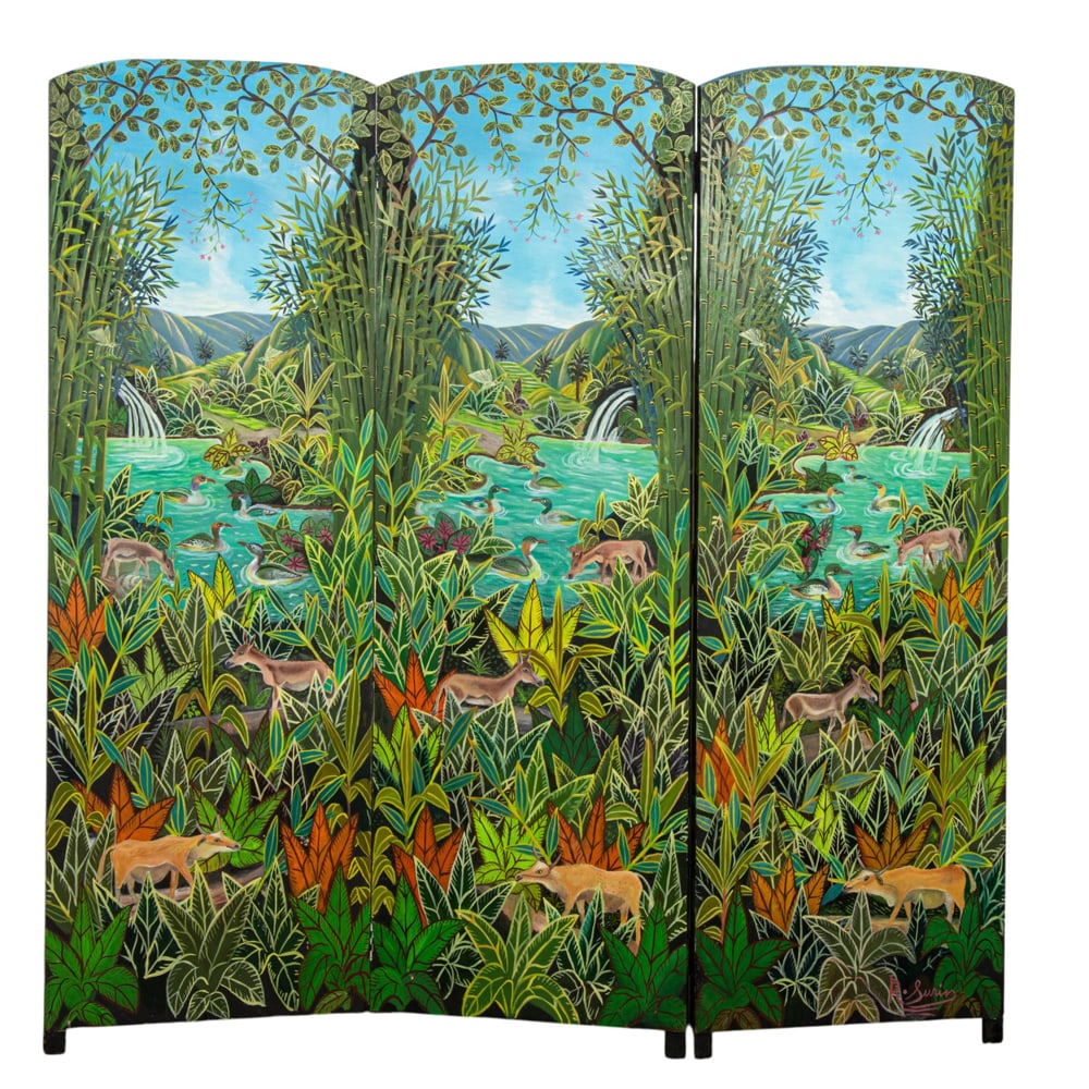 Folding Screen, American School (20th century): American School (20th century), Untitled (Folding Screen with Jungle Motif), double-sided painted folding screen in three panels, signed indistinctly lower right, overall: 73.75"h x 72"w
