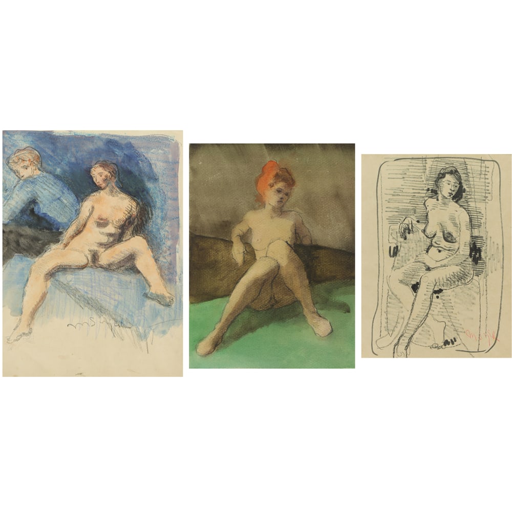Works on paper, Moses Soyer: (lot of 3) Moses Soyer (American/Russian, 1899-1974), Untitleds (Nudes), two watercolors and one charcoal on paper, two signed lower right, sight (for largest): 12"h x 9"w, overall (with frame, for