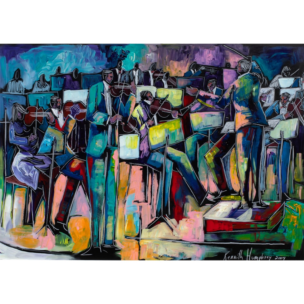 Painting, Kennith Humphrey: Kennith Humphrey (American, 1964-2023), "Beethoven Blues," 2004, oil on paper, signed and dated lower right, sight: 18"h x 25.5"w. overall (with frame): 25"h x 32.5"w. Provenance: Artist to Hearne Fin