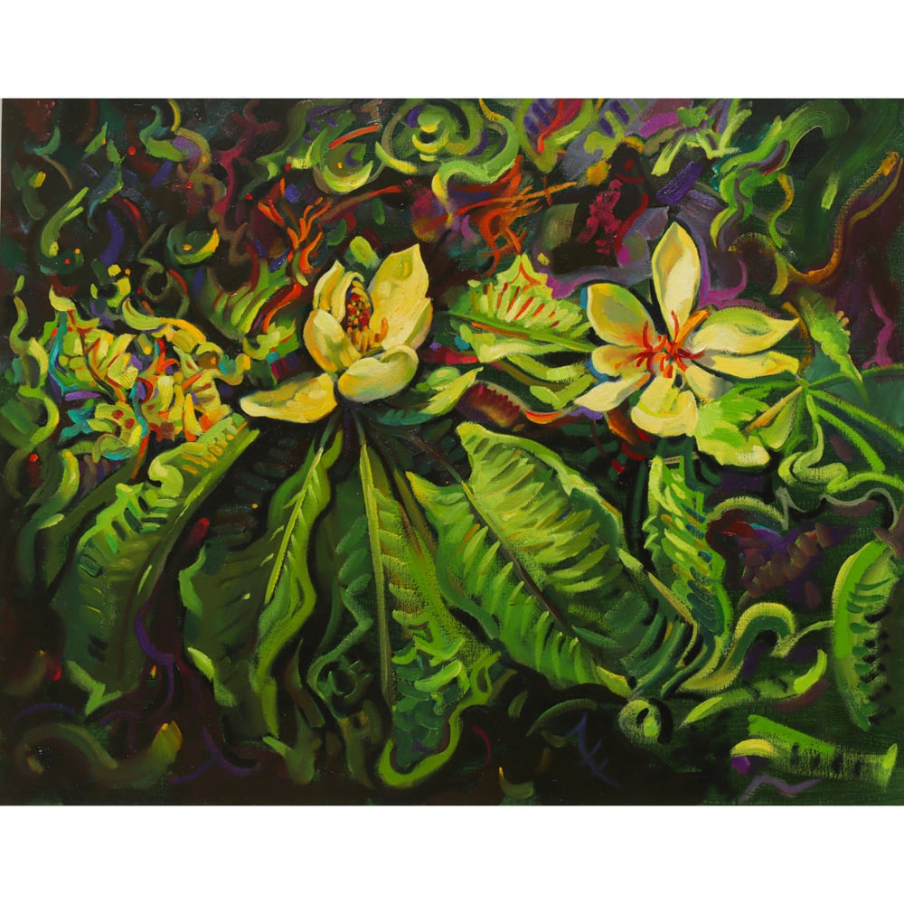 Painting, Alan McCorkle: Alan McCorkle (American, 1940-1995), "Two Passionate Flowers for Electra," oil on canvas, signed title placard lower center, signed verso, title label affixed verso, canvas: 24"h x 30"w, overall (with