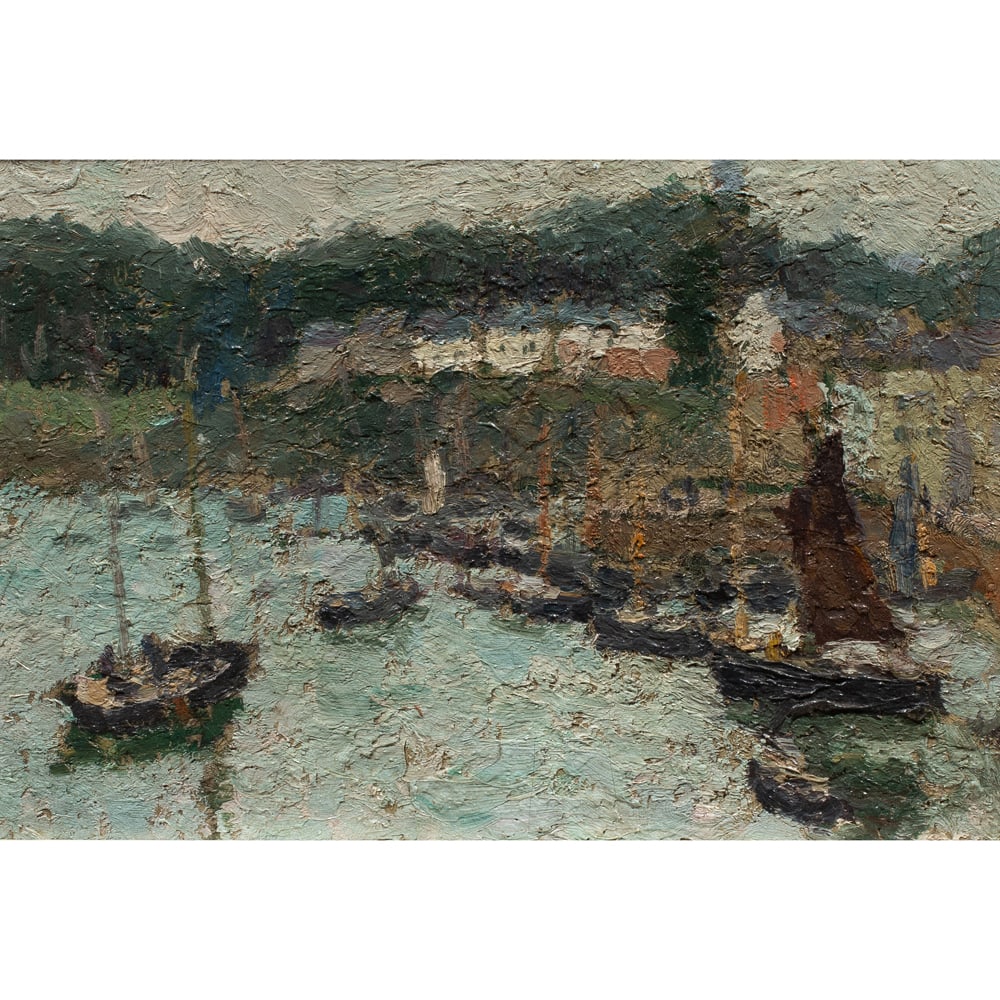 Painting, American School (19th/20th century): American School (19th/20th century), "Douarnenez (France)," oil on board, unsigned, titled verso, board (sight): 11.5"h x 15"w, overall (with frame): 18.5"h x 22.25"w