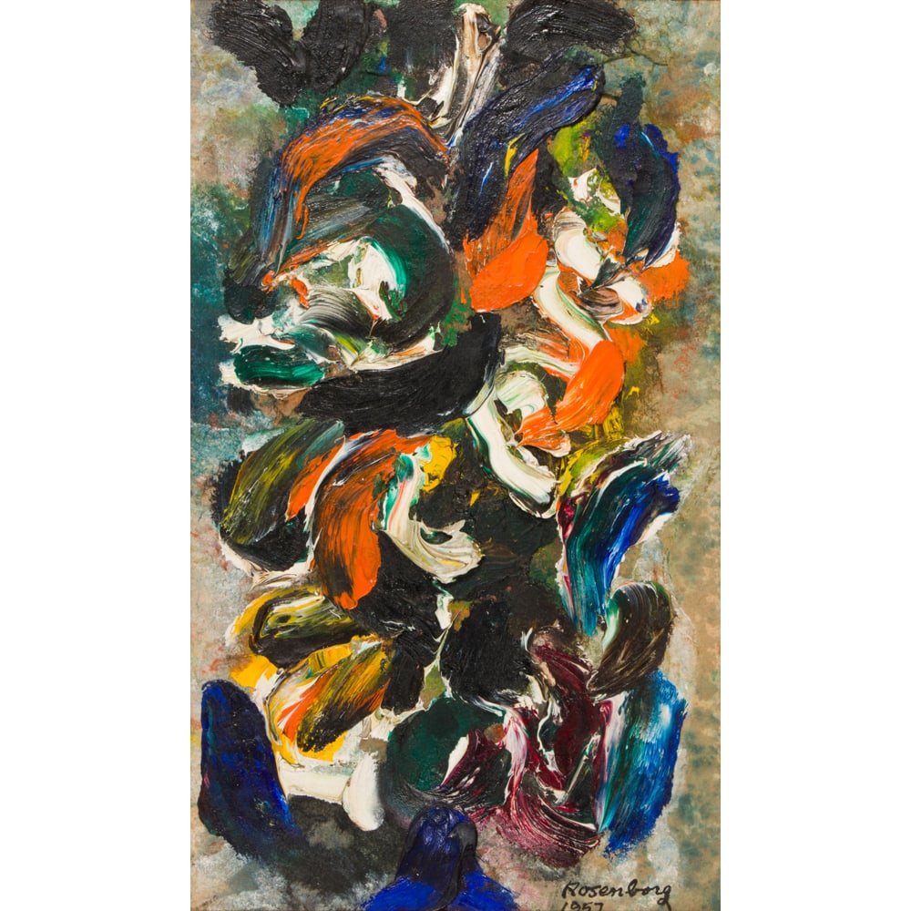 Painting, Ralph Rosenborg: Ralph Rosenborg (American, 1913-1992), Untitled, 1957, oil on paper affixed to board, signed and dated lower right, gallery label (Snyder Fine Art, New York, NY) affixed verso, board: 8"h x 5"w, overa