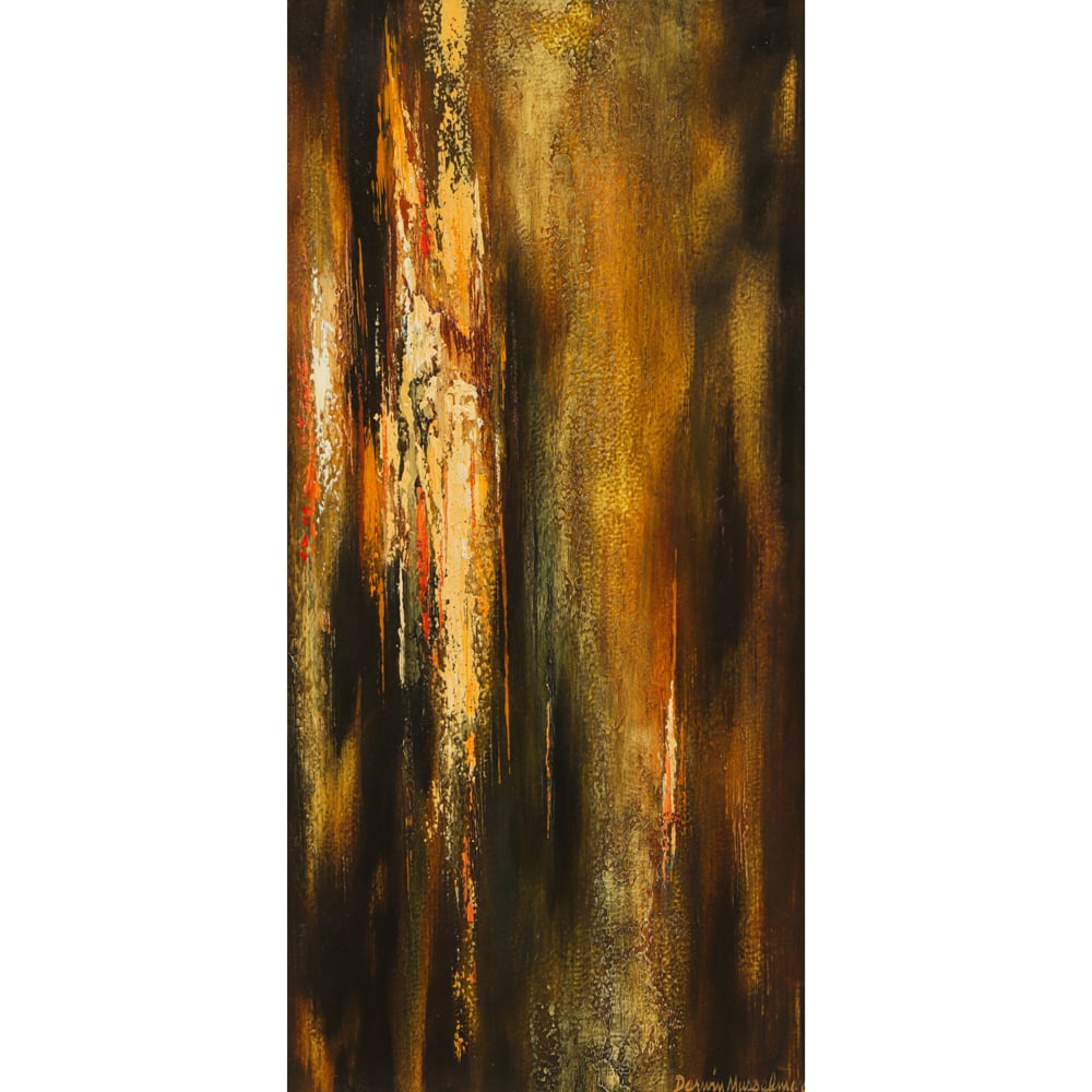 Painting, Darwin Musselman: Darwin Musselman (American, 1916-2001), "Vertical Image, Brown," oil on masonite, signed lower right and signed and titled verso, board: 24"h x 12"w, overall (with frame): 32.5"h x 20.5"w
