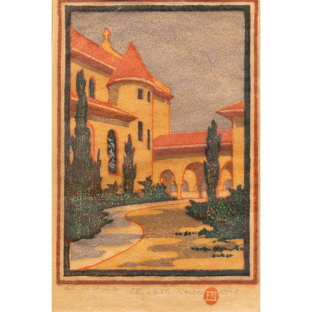 Print, Elizabeth Norton: Elizabeth Norton (American, 1887-1985), Untitled (Stanford University Campus), woodblock, pencil signed and stamped lower right, edition denoted indistinctly lower left, sight: 6"h x 4.25"w, overall