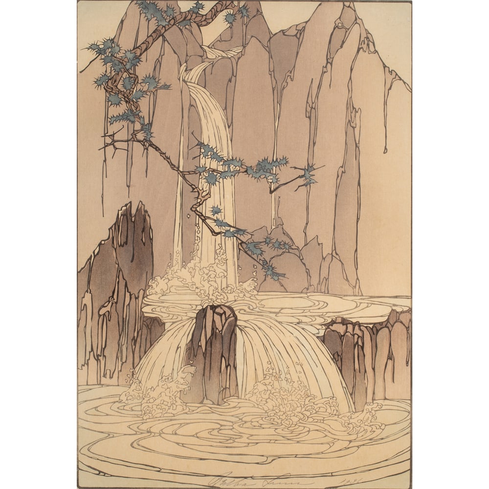Print, Bertha Lum: Bertha Lum (American, 1869-1954), "Diamond Mountain," 1936, woodcut in colors, pencil signed lower center, dated lower right, image/sight: 19"h x 13"w, overall (with frame): 25.75"h x 19.5"w