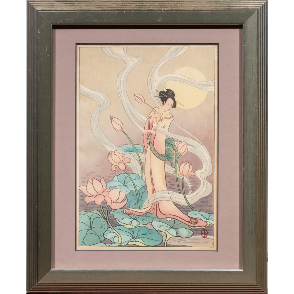 Print, Elizabeth Eaton Burton: Elizabeth Eaton Burton (American, 1869-1937), "Woman with Lotuses," woodblock, stamped lower right, sight: 15"h x 10"w, overall (with frame): 21.5"h x 17.5