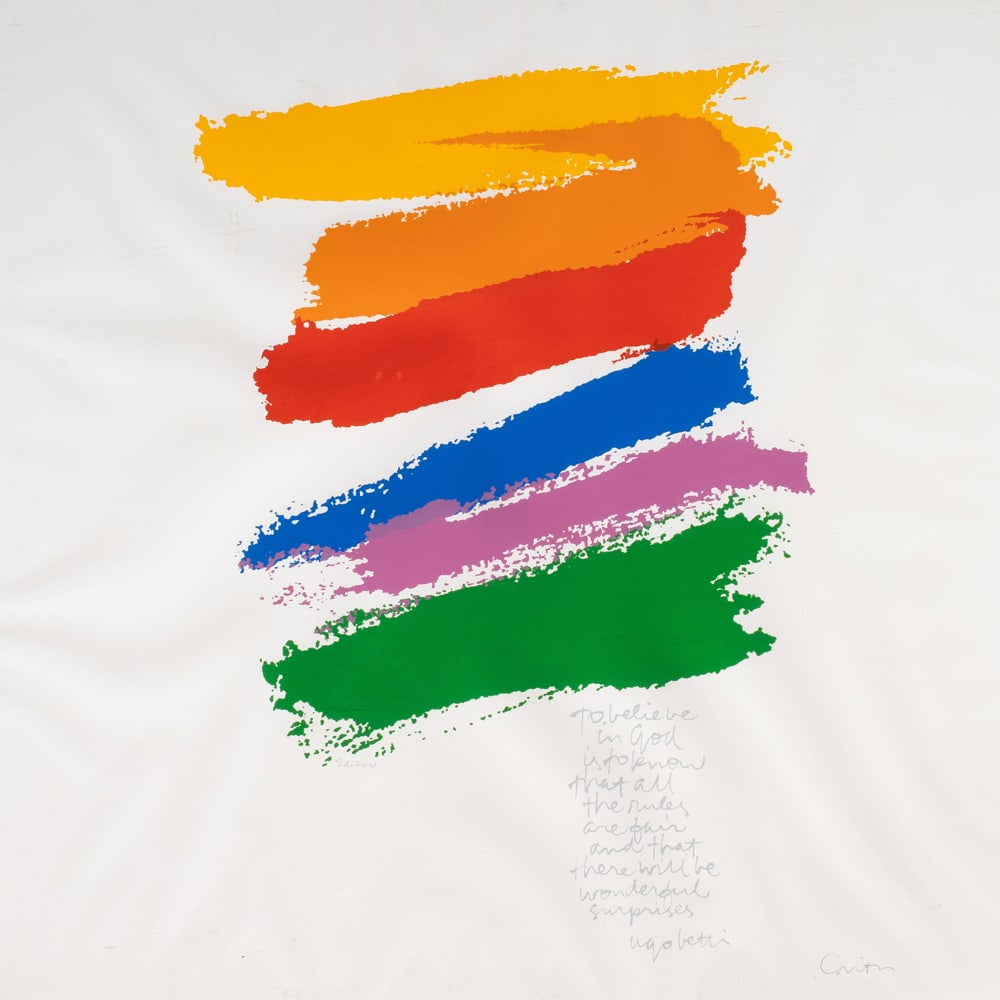 Print, Sister Mary Corita Kent: Sister Mary Corita Kent (American, 1918-1986), "Promise," 1978, screenprint, pen signed lower right, sight: 22.75"h x 22.75"w, overall (with frame): 23.25"h x 23.25"w
