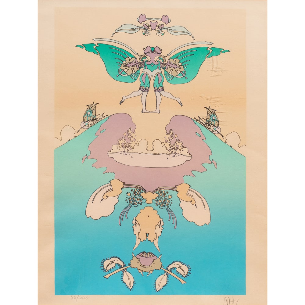 Print, Peter Max: Peter Max (German/American, b. 1937), "Facing Waves," 1973, serigraph, pencil signed lower right, edition 66/300, sight: 31"h x 25"w, overall (with frame): 31"h x 25"w