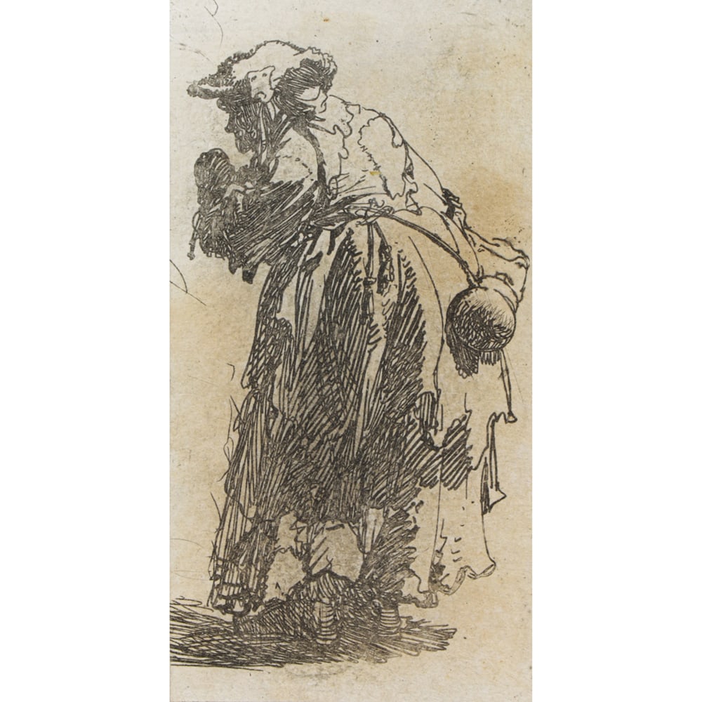Print, Rembrandt van Rijn: Rembrandt van Rijn (Dutch, 1606-1669), "Old Beggar Woman with a Gourd," 1630, etching, image: 4"h x 2"w, overall (with frame): 12"h x 9.5"w