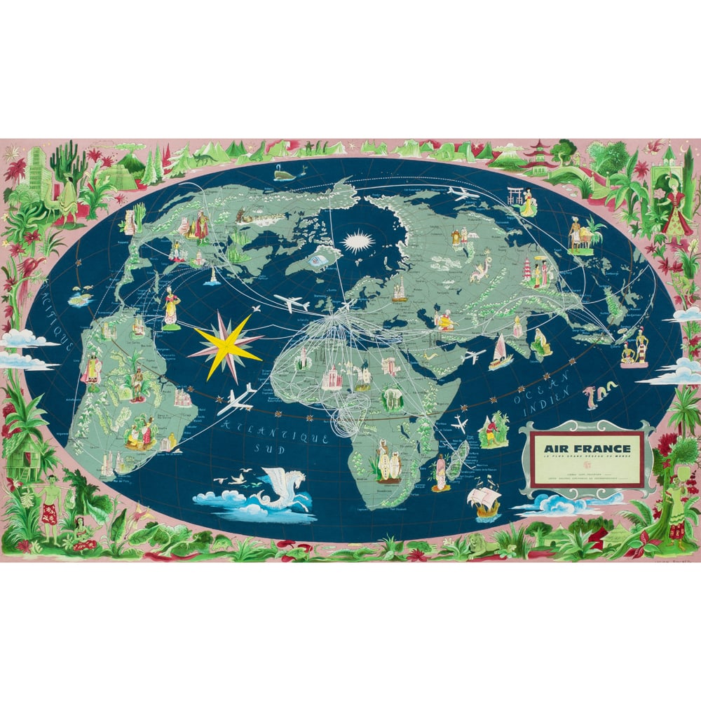Print, Lucien Boucher: Lucien Boucher (French, 1889-1971), Air France Poster, lithograph, signed in plate lower right, sight: 23"h x 37"w, overall (with frame): 29.75"h x 44"w