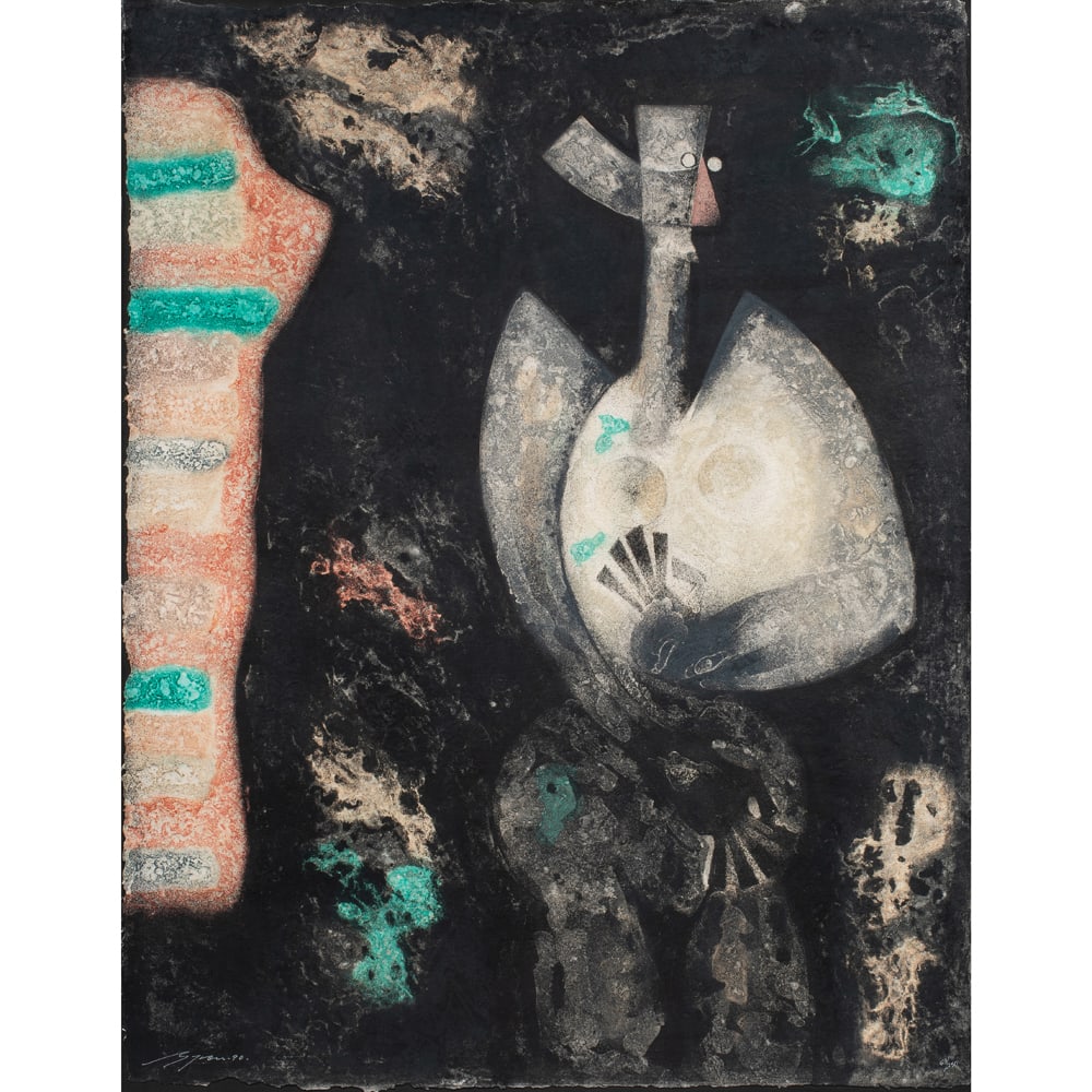 Print, Byron Galvez: Byron Galvez (Mexican, 1941-2009), "Para Siempre," 1990, acrylic-graph print on handmade paper, signed and dated lower left, edition 53/250, image/sheet: 43"h x 33.5"w, overall (with frame): 51"h x