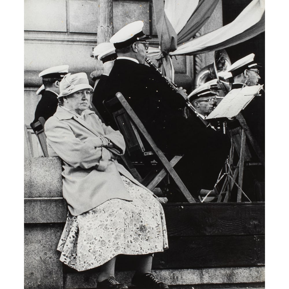 Photograph, Jerry Stoll: Jerry Stoll (American, 1923-2004), Untitled (Woman Seated behind Band), gelatin silver print, signed lower right of mat and numbered '14-1', sight: 21"h x 17.5"w, overall (with frame): 29.75"h x 24.5"