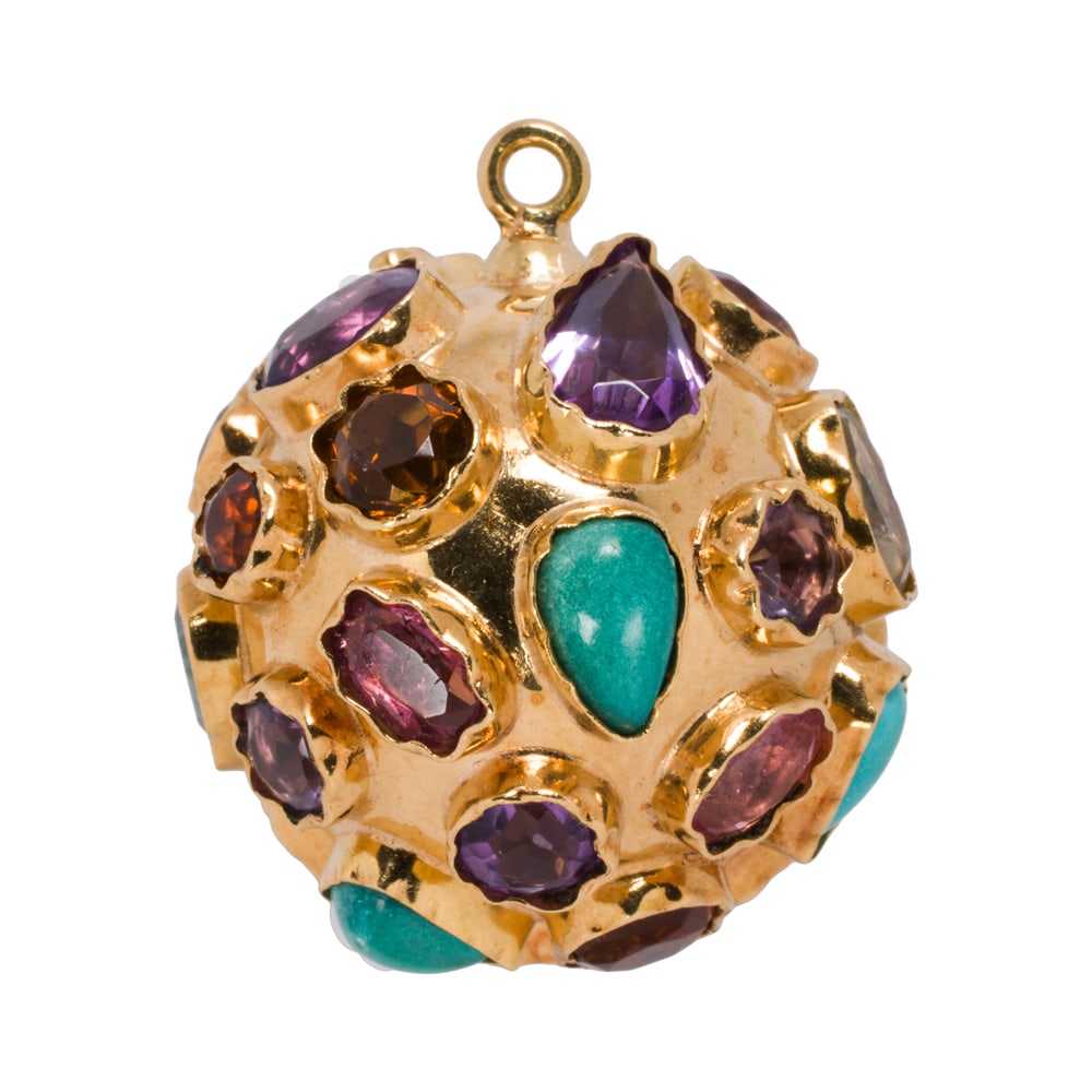 A vintage Etruscan style gem-set and 18k gold charm: A vintage Etruscan style gem-set and 18k gold charm The ball-form charm set with a variety of gemstones including citrine, amethyst, and turquoise; length: 1 1/4 in; 16.45 grams