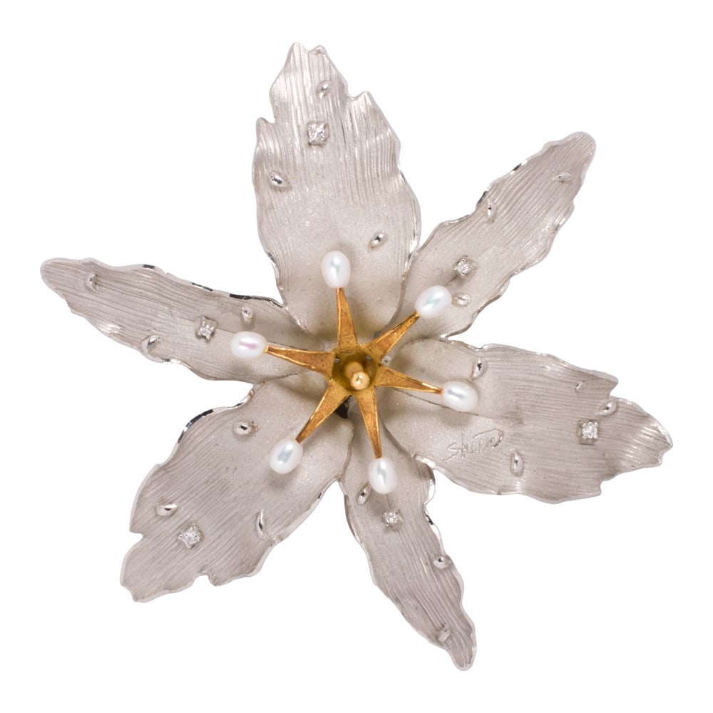 A Shun cultured pearl, diamond, platinum, and 18k gold brooch-pendant: A Shun cultured pearl, diamond, platinum, and 18k gold brooch-pendant Designed as a flower with intricate textural variation, accented by round brilliant-cut diamonds, the central structure set with