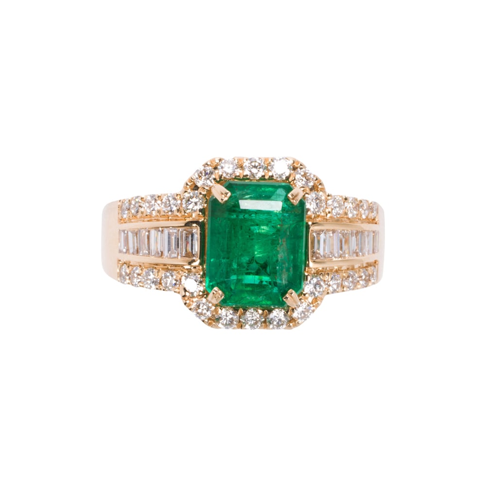 An emerald, diamond, and 14k gold ring: An emerald, diamond, and 14k gold ring Featuring an emerald-cut emerald weighing 2.26 carats, framed within channels of baguette and round brilliant-cut diamonds weighing a total of 0.84 carat; size 7