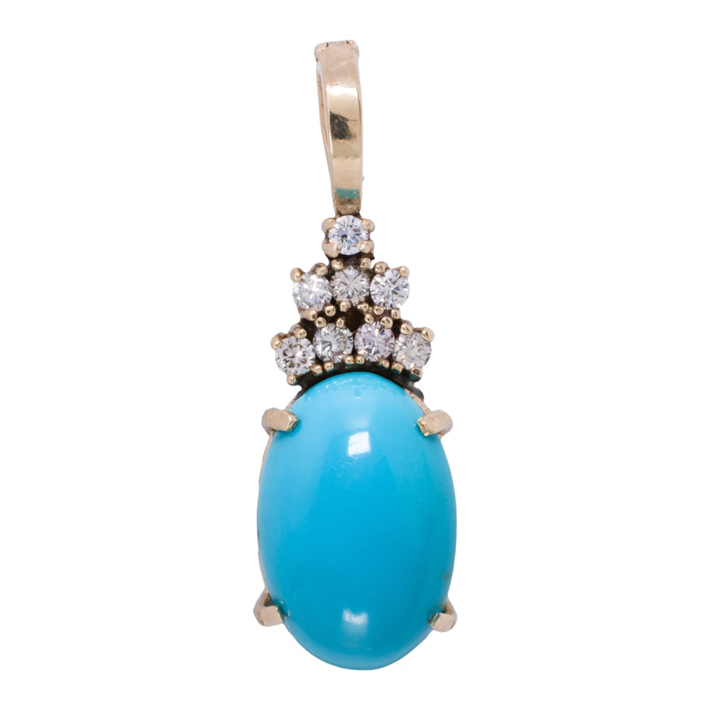 A turquoise, diamond and 14k gold pendant: A turquoise, diamond and 14k gold pendant centering an oval turquoise cabochon measuring approximately 17.70 x 14.60 x 7.00 mm, surmounted by round brilliant-cut diamonds; length: 1 1/2 in; 5.10