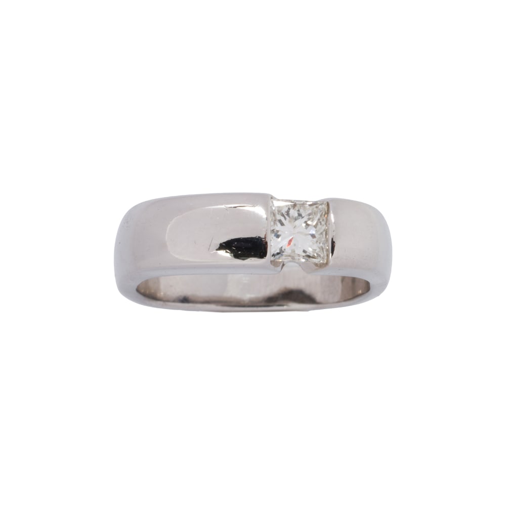 A diamond and 18k gold ring: A diamond and 18k gold ring Set with one princess-cut diamond weighing approximately 0.45 carat; size 7; 6.00 grams