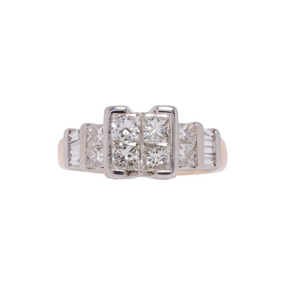 A diamond and 14k bicolor gold ring: A diamond and 14k bicolor gold ring Centering four princess-cut diamonds, accented on either side by two princess and two tapered baguette-cut diamonds, with yellow gold shank; estimated total diamond