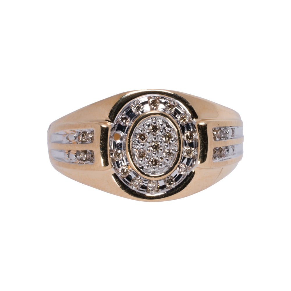 A diamond and 14k gold men's ring: A diamond and 14k gold men's ring Designed as an arrangement of 21 round brilliant-cut diamonds; size 11; 4.40 grams Condition note: ring void one diamond