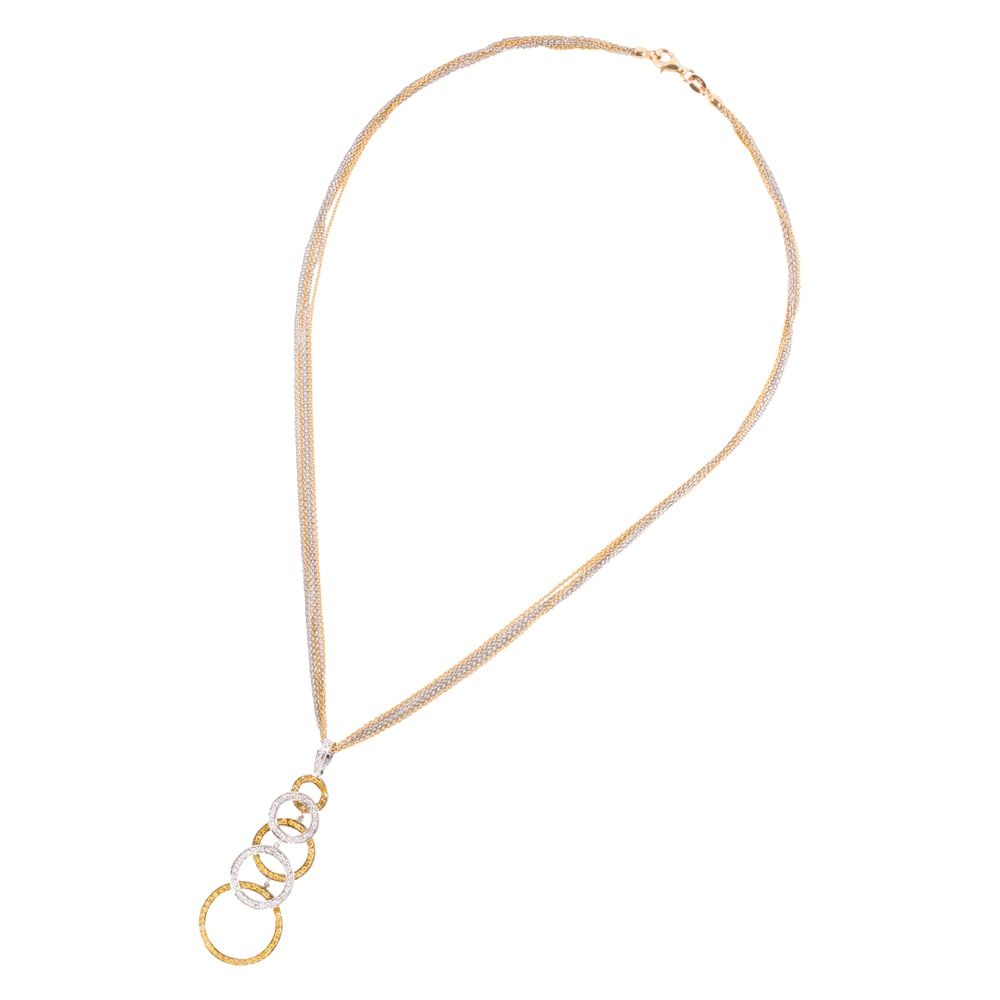 A diamond and 18k bi-color gold pendant necklace: A diamond and 18k bi-color gold pendant necklace The pendant featuring overlapping rings of standard and yellow round brilliant-cut diamonds, on a cluster of five cable-link chains; estimated total di