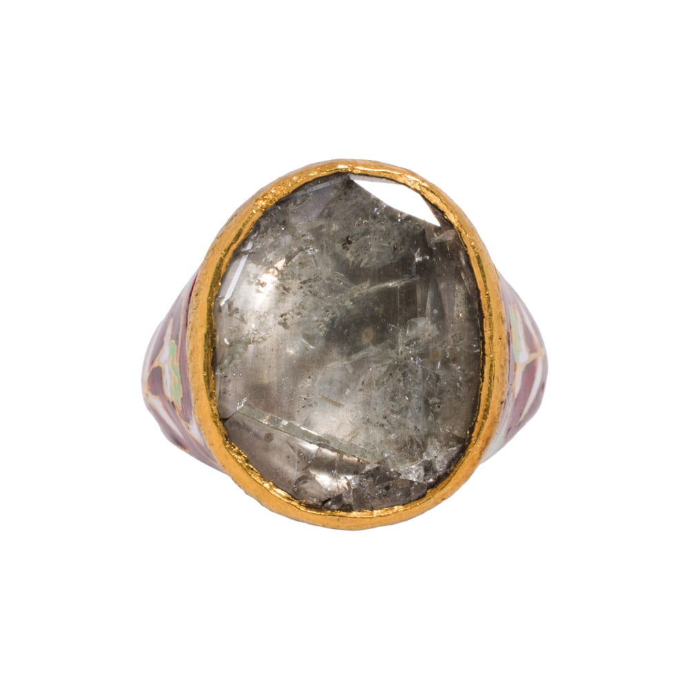 A diamond, enamel, and 22k gold ring: A diamond, enamel, and 22k gold ring Centering an oval-shaped faceted diamond measuring 15.96 x 12.60 mm, accented by multicolor enameling; size 6 1/4; 9.30 grams