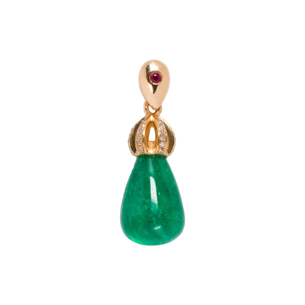 An emerald, ruby, diamond, and 18k gold pendant: An emerald, ruby, diamond, and 18k gold pendant Featuring a drop shaped emerald bead measuring approximately 11.92 x 8.42 mm, with round-cut diamond and ruby-set surmount; length: 1 in; 2.45 grams
