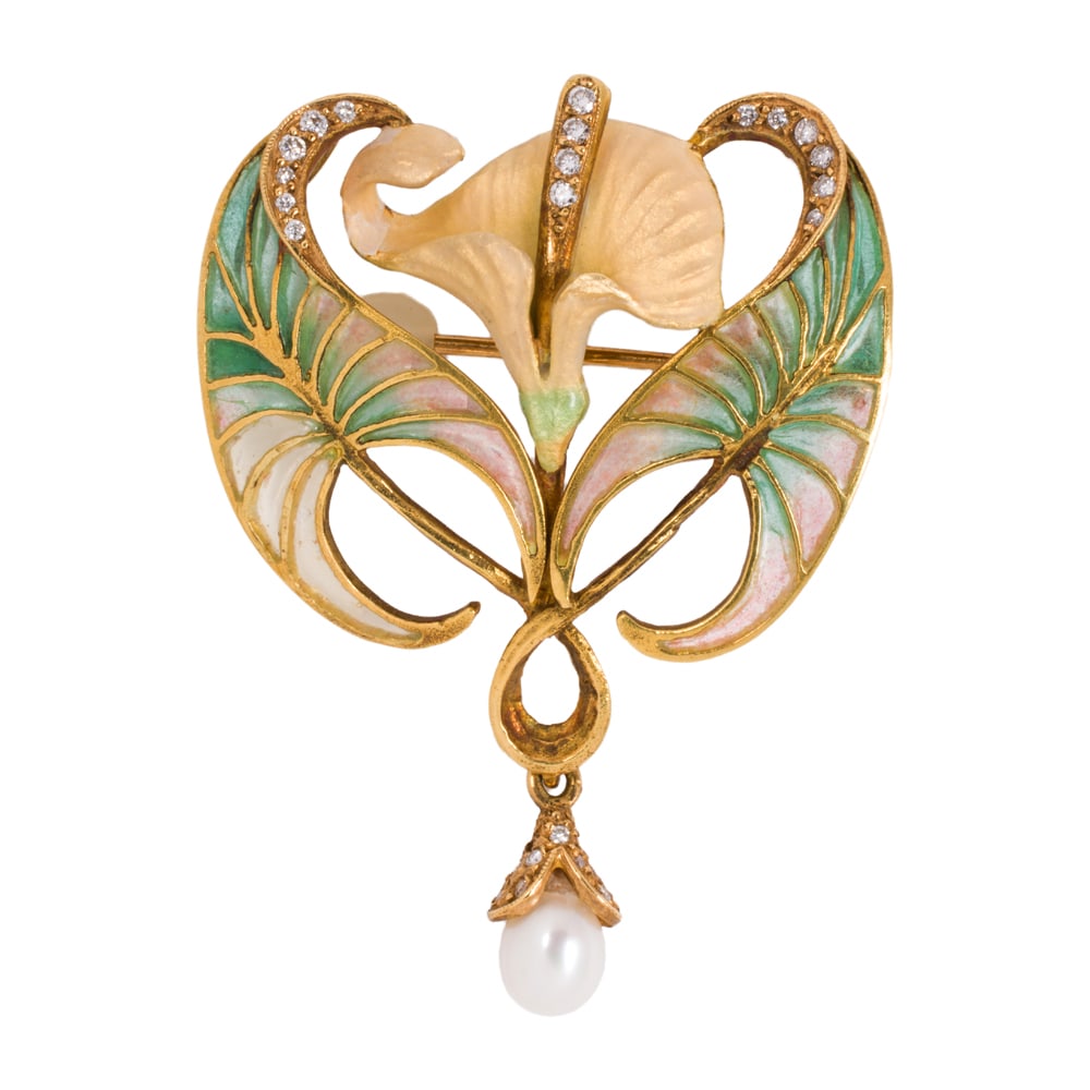 A Masriera enamel, diamond, cultured pearl, and 18k gold brooch: A Masriera enamel, diamond, cultured pearl, and 18k gold brooch Designed as a foliage framed flower featuring plique-a-jour enameling, accented by round brilliant-cut diamonds and one cultured pearl; 
