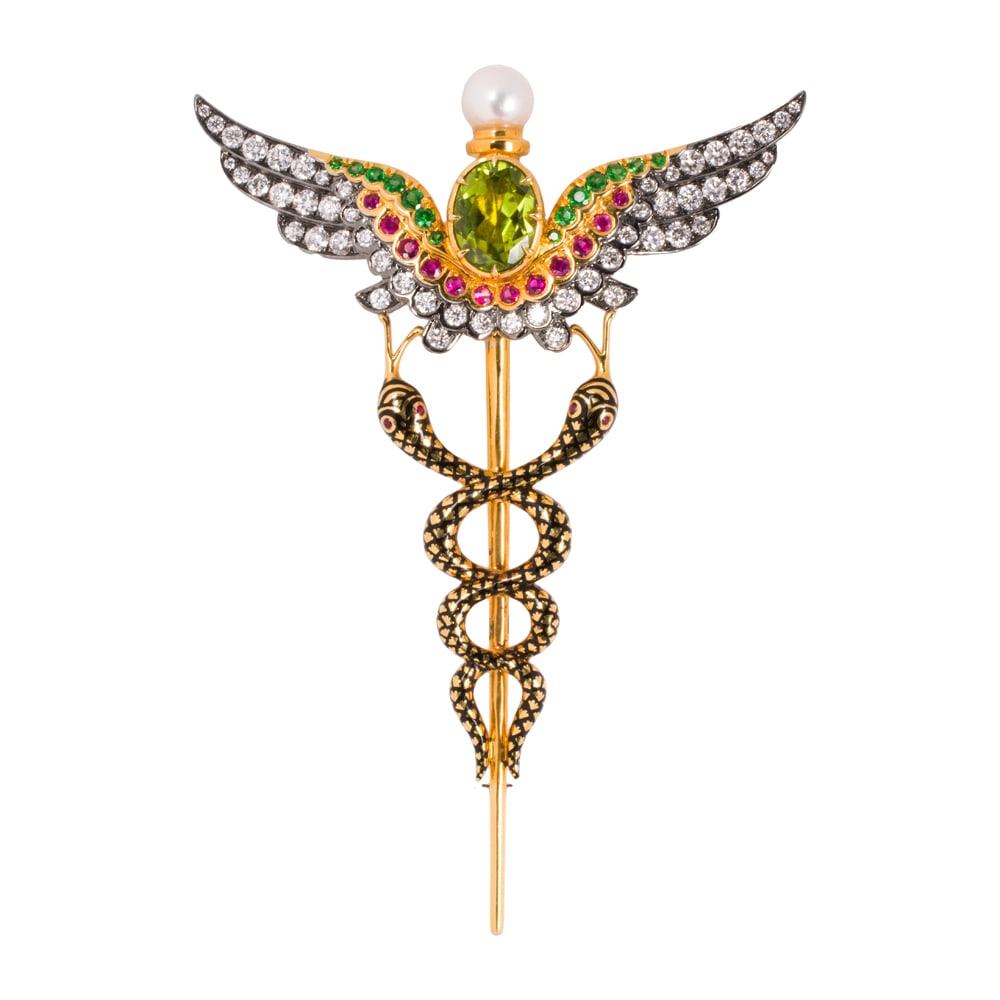 A gem-set, cultured pearl, and bi-color 18k gold pin (1 of 1)