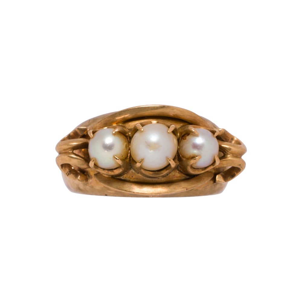 A cultured pearl and 18k gold ring: A cultured pearl and 18k gold ring Set with three cultured pearls measuring approximately 4.80 mm, accented on either size by three dimentional scrolling; size 6 1/2; 7.55 grams