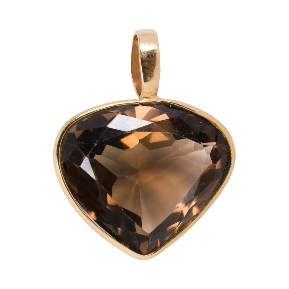 A smokey quartz and 14k gold pendant: A smokey quartz and 14k gold pendant Featuring a fancy-cut smokey quartz measuring approximately 29.00 x 25.06 mm; length: 1 1/2 in; 11.45 grams