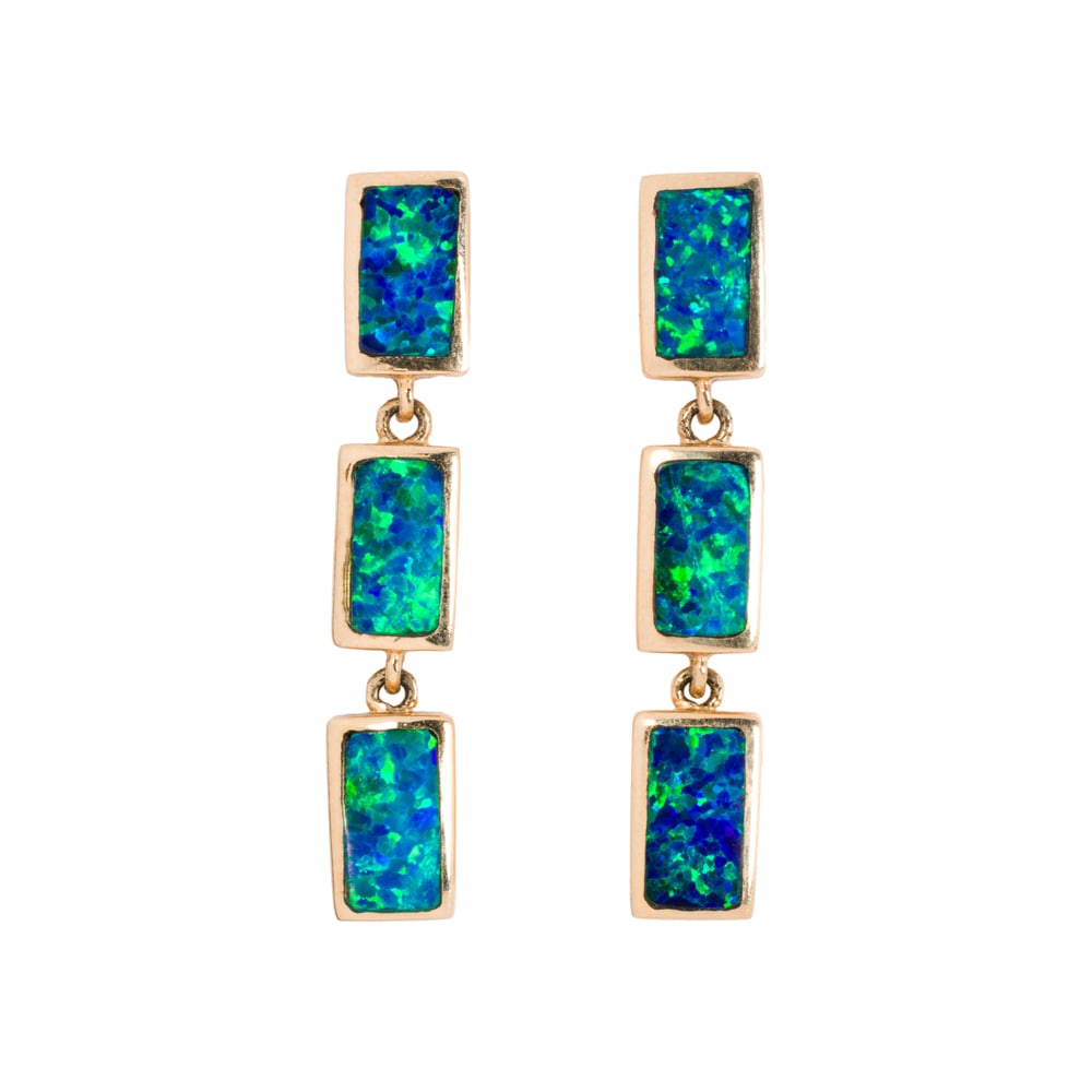 A pair of opal and 14k gold earrings: A pair of opal and 14k gold earrings Of drop design, featuring three rectangular opal tablets measuring 8.51 x 4.72 mm; length: 1 3/8 in; 9.50 grams