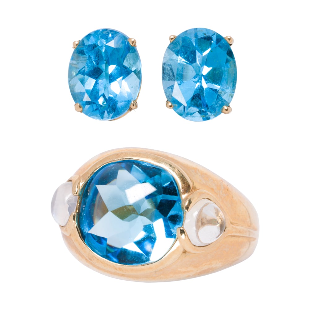 A topaz, moonstone, and 18k gold ring and earrings set (1 of 2)