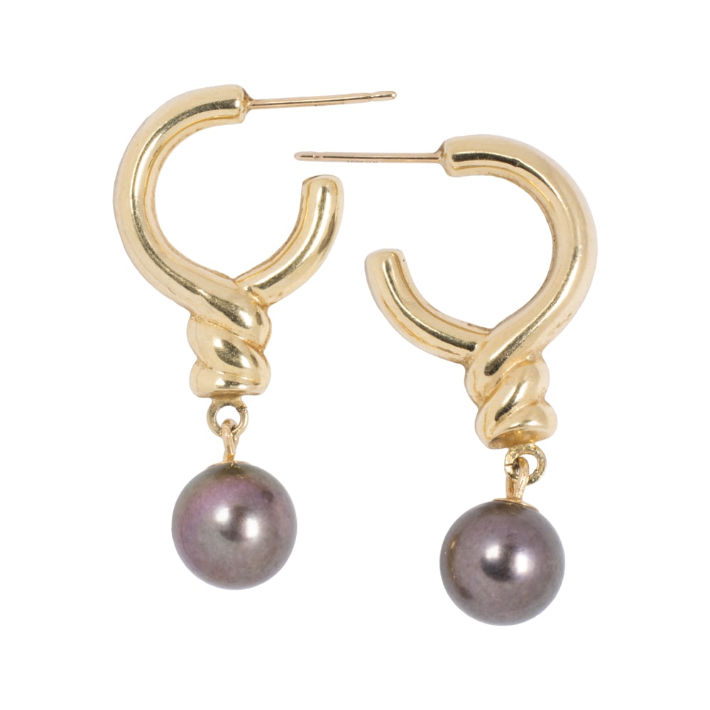 A pair of cultured pearl and 14k gold earrings: A pair of cultured pearl and 14k gold earrings Of twisted knot design, accented by black cultured pearls measuring 9.33 mm; length: 1 1/2 in; 4.35 grams