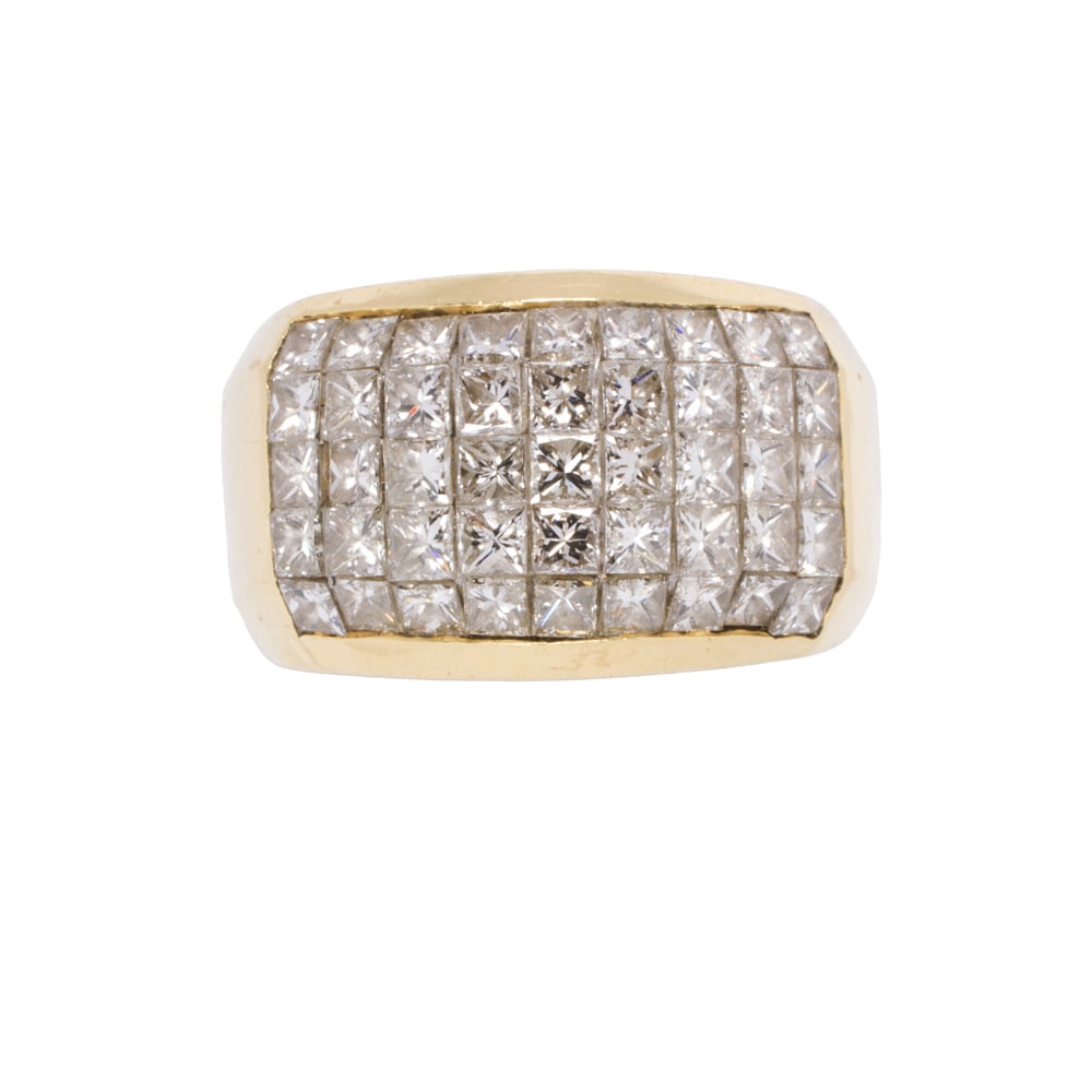 A diamond and 14k gold ring: A diamond and 14k gold ring Designed as a grid of 45 princess-cut diamonds weighing approximately 3.50 carats total; size 6 1/2; 13.50 grams