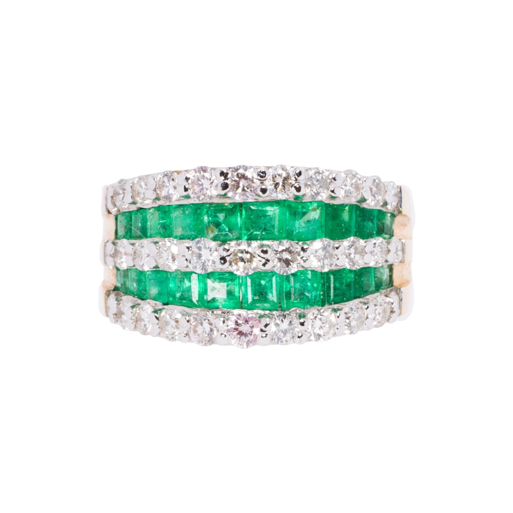An emerald, diamond, and 14k gold ring: An emerald, diamond, and 14k gold ring Designed with two rows of square-cut emeralds, framed within rows of round brilliant-cut diamonds; estimated total emerald weight: 1.15 carats; estimated total