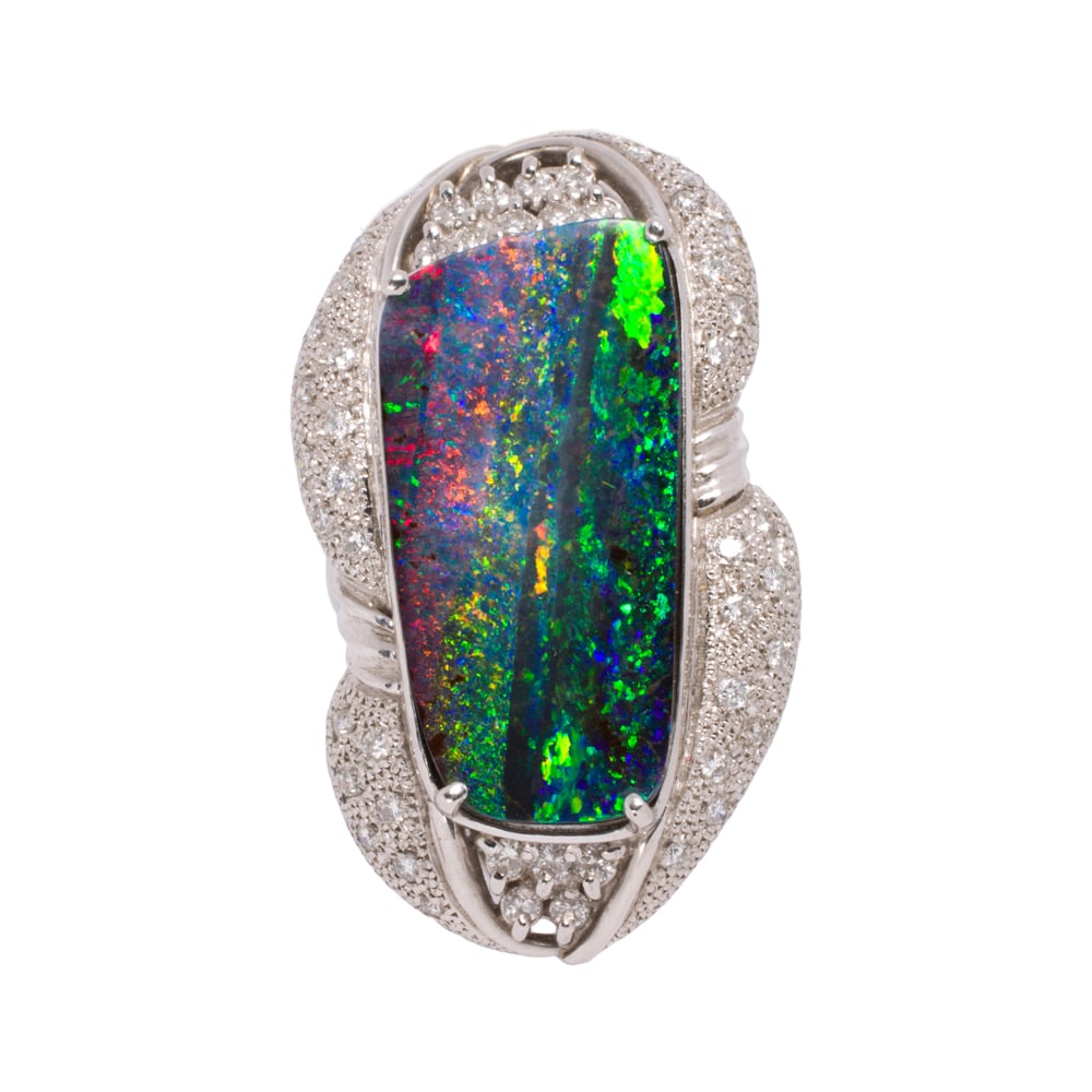 A boulder opal, diamond, and platinum ring (1 of 2)