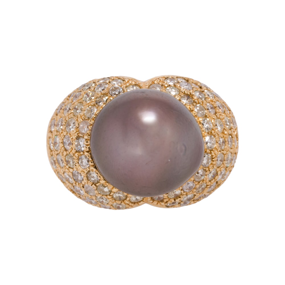 A cultured pearl, diamond, and 14k gold ring: A cultured pearl, diamond, and 14k gold ring Centering a cultured black pearl measuring 12.17 mm, accented by 84 round brilliant-cut diamonds weighing a total of approximately 1.50 carats; size 5 1/2;