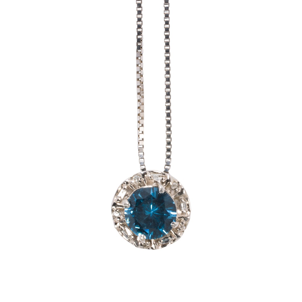 A blue moissanite and gold necklace: A blue moissanite and gold necklace Centering a circular-cut blue moissanite measuring approximately 7.05 x 4.50 mm, in 10k gold, on 14k box-link chain; pendant length: 1/2 in; chain length: 18 in;