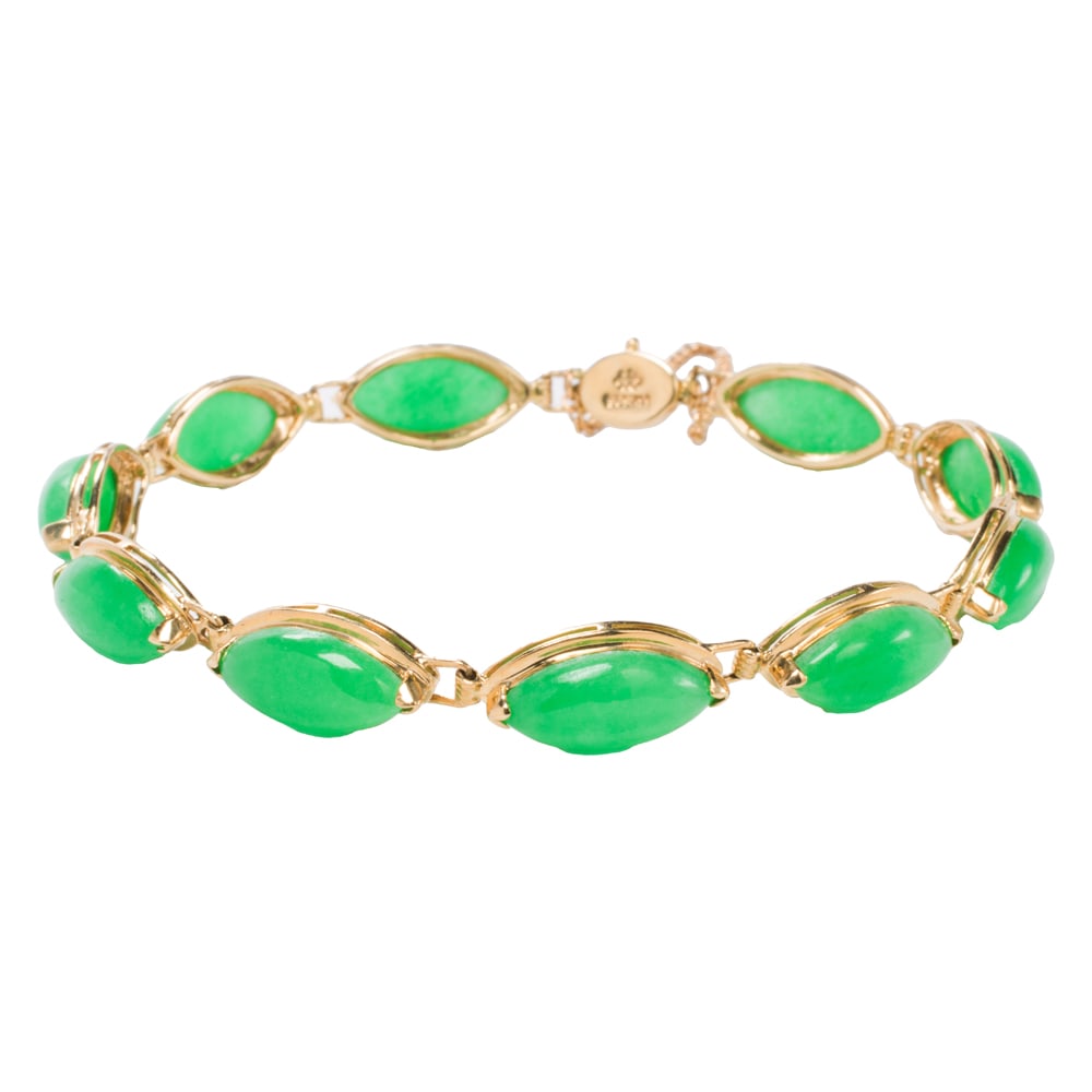 A chrysoprase and 14k gold bracelet: A chrysoprase and 14k gold bracelet Featuring ten marquise-shaped chrysoprase cabochons measuring 14.90 x 7.02 x 3.57 mm; length: 7 1/2 in; 13.00 grams