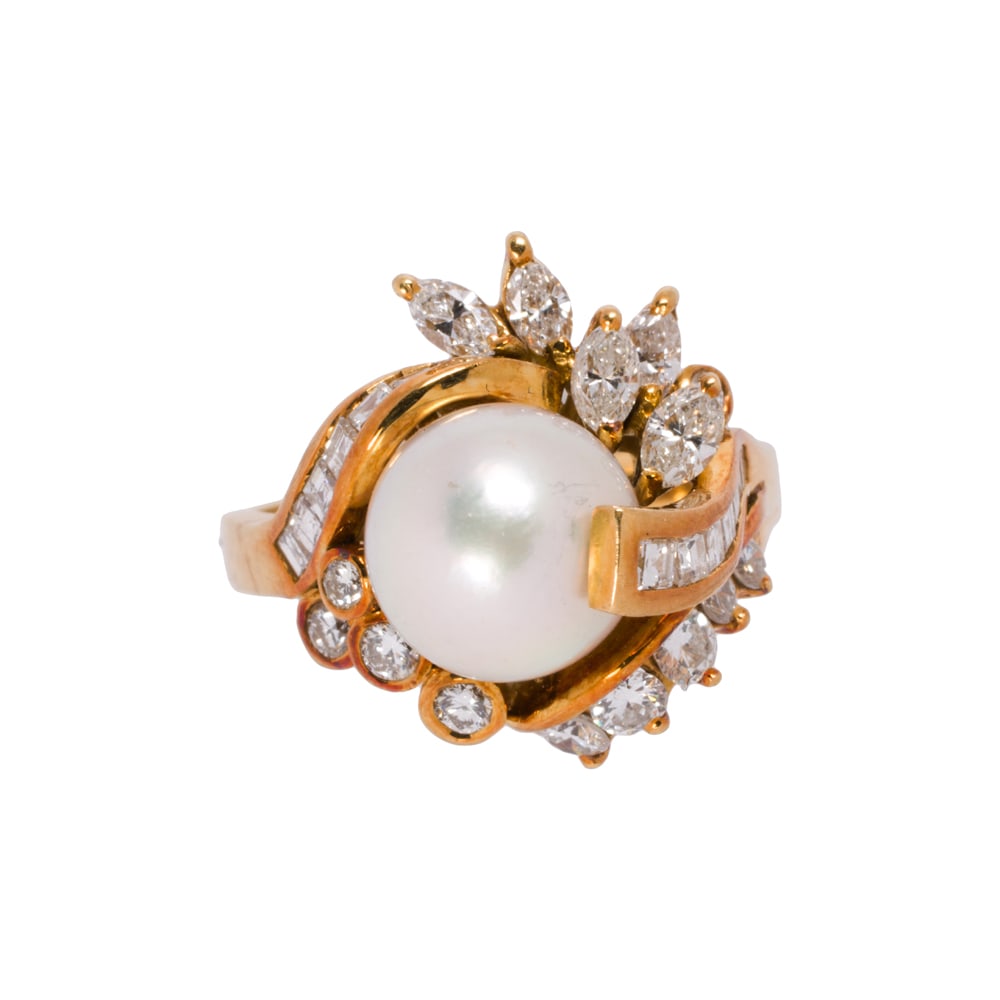 A cultured pearl, diamond, and 18k gold ring: A cultured pearl, diamond, and 18k gold ring Centering a cultured pearl measuring 8.96 mm framed by an arrangement of round brilliant, square, and marquise-cut diamonds weighing a total of approximate