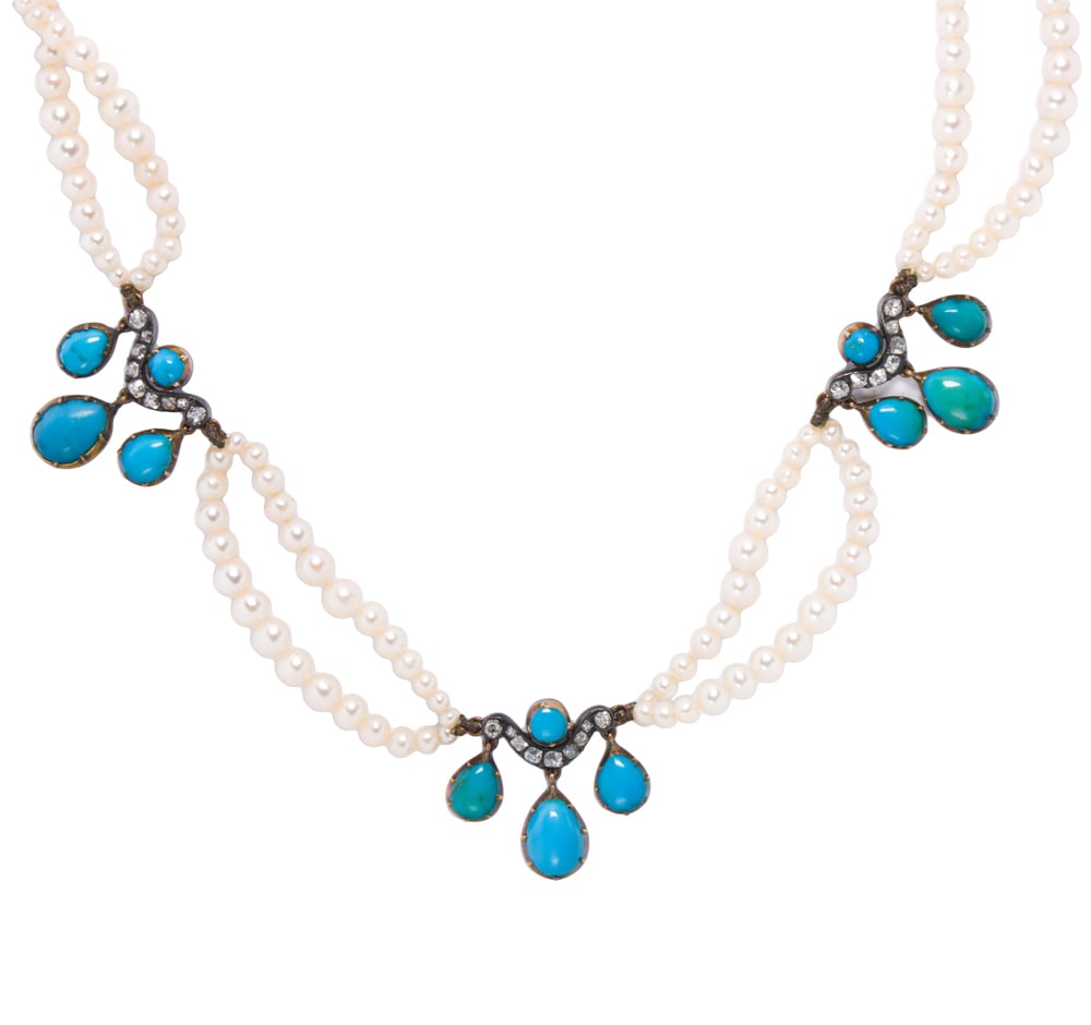 An antique seed pearl, turquoise, diamond, and 10k gold necklace: An antique seed pearl, turquoise, diamond, and 10k gold necklace Designed as a double strand of seed pearls, interspersed by seven chandelier-style spacers each set with four turquoise cabochons of va