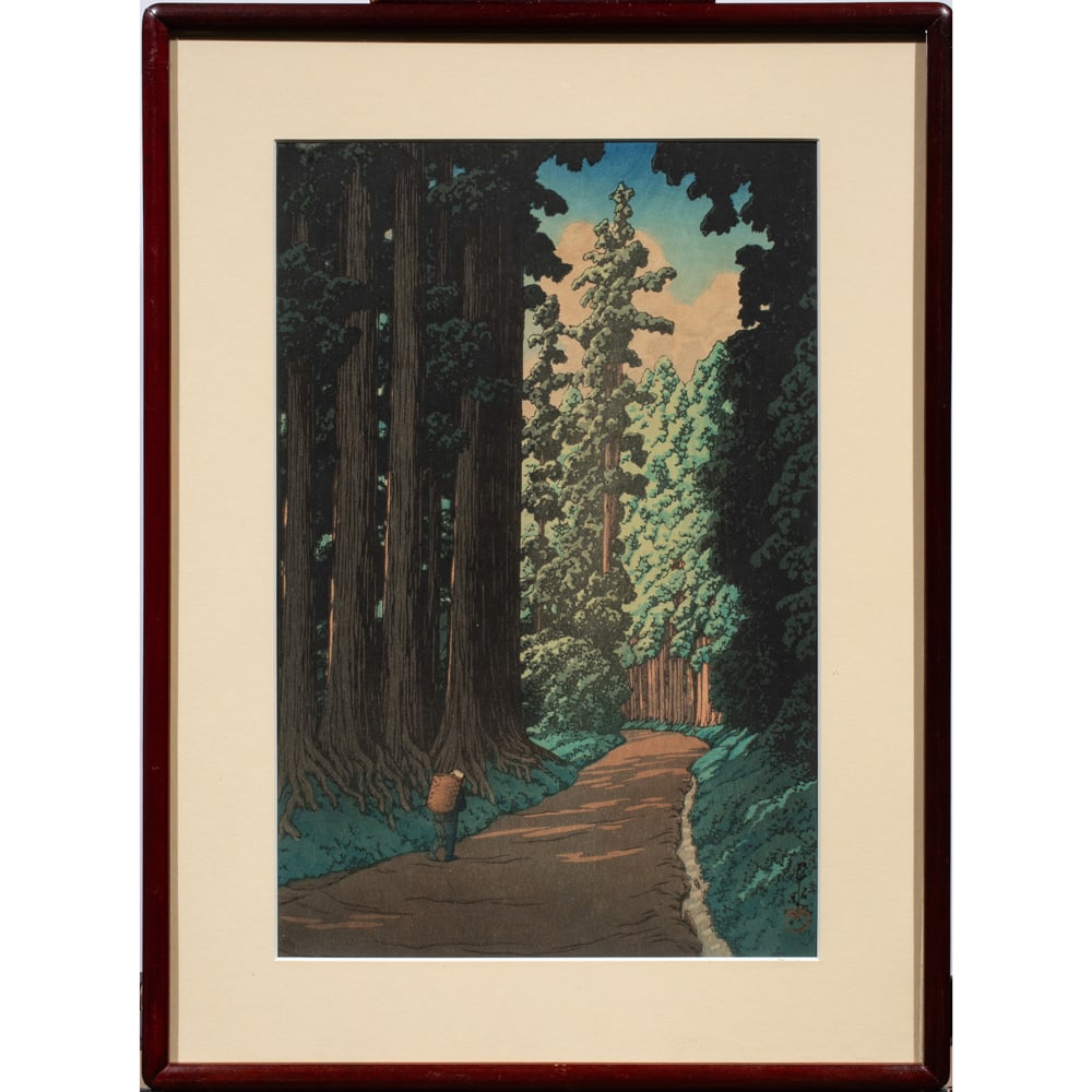Kawase Hasui (1883-1957) - The Road to Nikko (Nikko Kaido): Kawase Hasui (1883-1957) - The Road to Nikko (Nikko Kaido). Woodblock print, 1930, published by Watanabe Shozaburo, signed and sealed, framed and glazed, 14"h x 9.25" of the visible image.