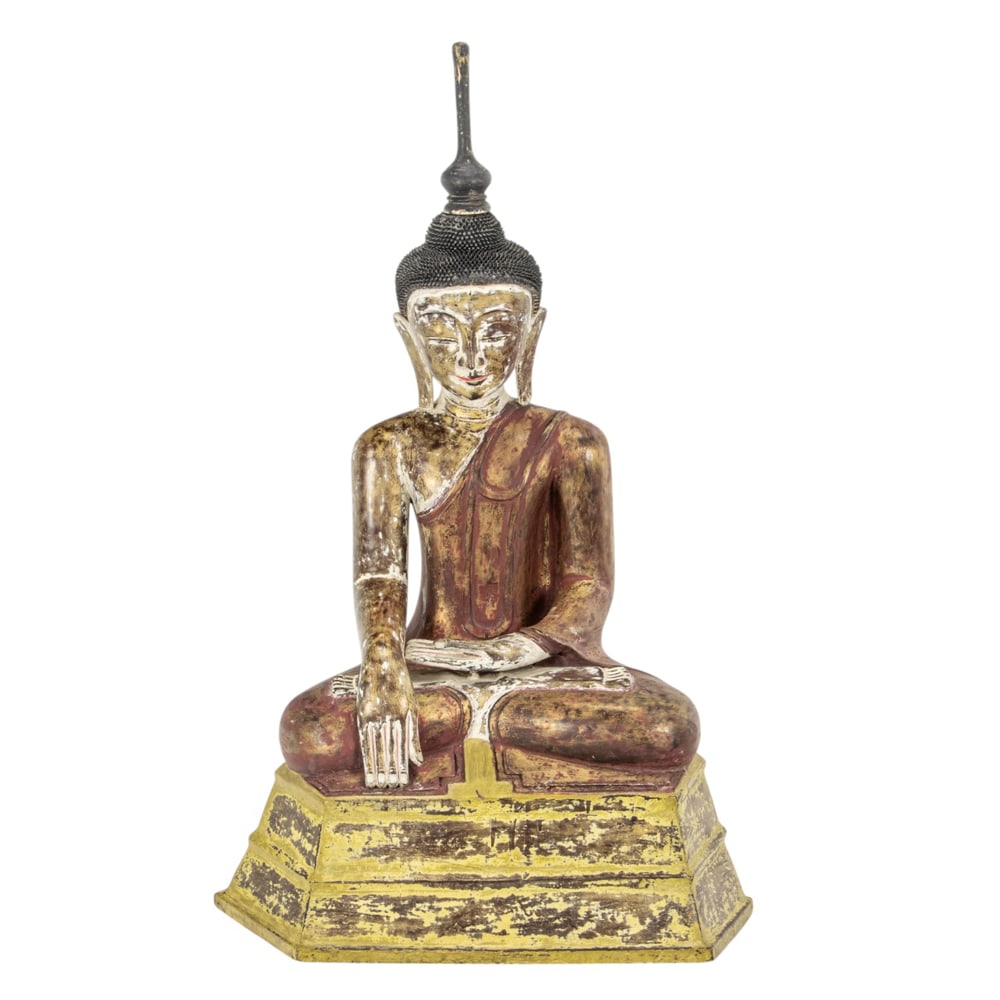 A large Brumese lacquwered wood figure of Buddha: A large Brumese lacquwered wood figure of Buddha. Seated in bhumisparsha mudra atop a base, 19th century, 48.5" high. Provenance: A private collection, Russian Hill, San Francisco, from the storied Go
