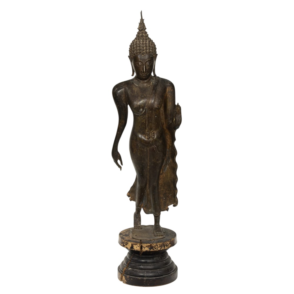 A Sukhothai style bronze walking Buddha figure (1 of 3)
