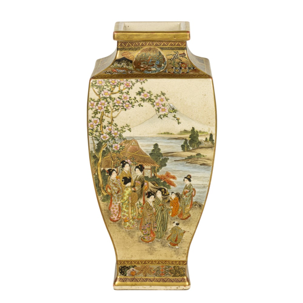 A Japanese Satsuma square-form vase: A Japanese Satsuma square-form vase. Decorated with two panels showing Mount Fuji landscape with figures, one panel featuring an autumnal scene, and a panel depicting birds and flowers, the recessed b
