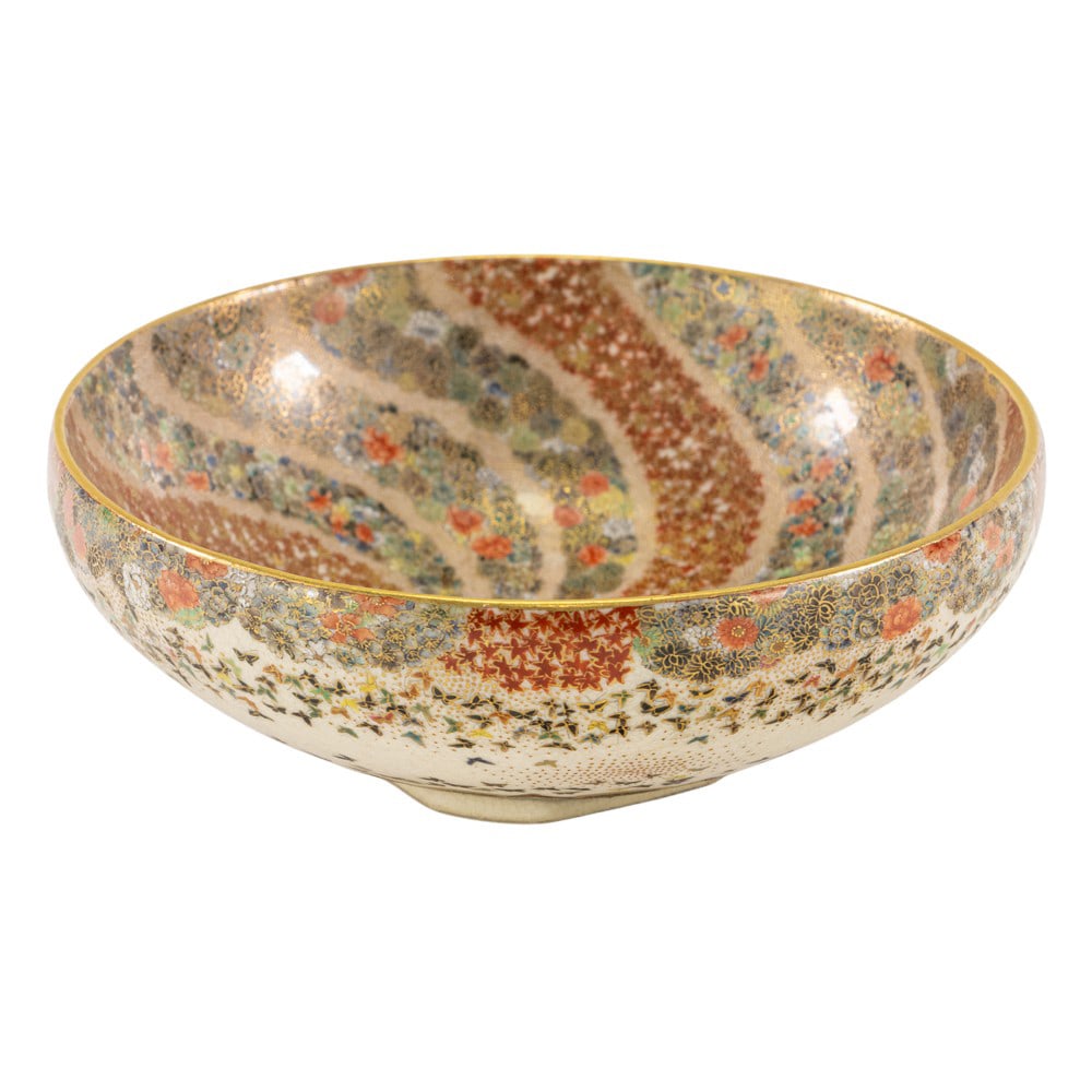 A Japanese Satsuma bowl: A Japanese Satsuma bowl. Decorated with a radiating spiral design of dense floral bands, Kinzan mark on the recessed base, Meiji period, 4.375" across.