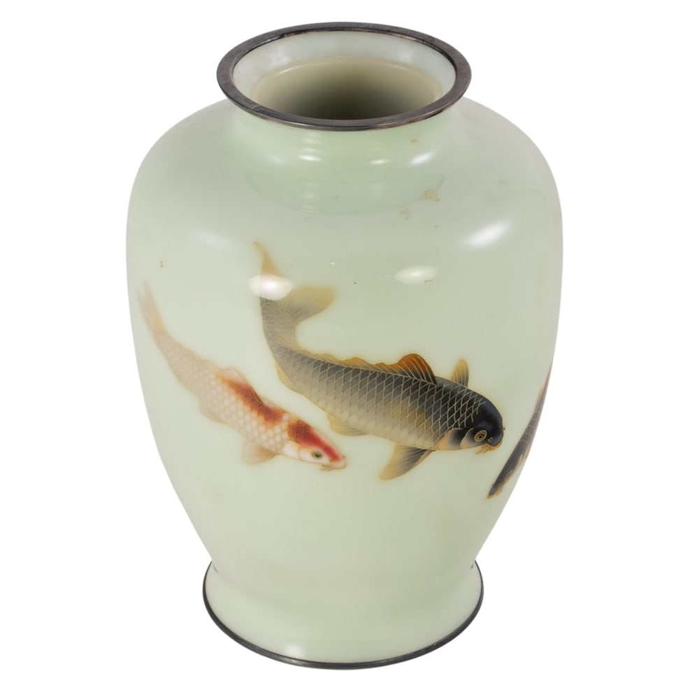 A Japanese cloisonne enamel vase by the Ando Cloisonne Company: A Japanese cloisonne enamel vase by the Ando Cloisonne Company. Decorated with three koi fish, Ando mark on the recessed base, Meiji period, 9.5" high.