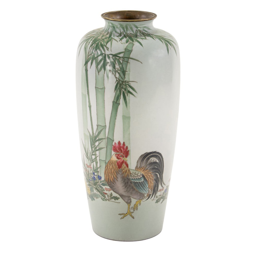 A Japanese cloisonne enamel vase: A Japanese cloisonne enamel vase. Of baluster form with short neck, depicting a standing rooster beside bamboo and flowering plants, attributed to Ando or Gonda, Taisho/Showa period, 12" high.